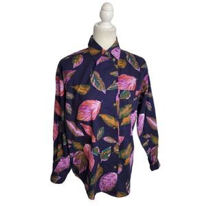 VINTAGE 90s shirt colorful leaf print button front oversized‎ cotton S
